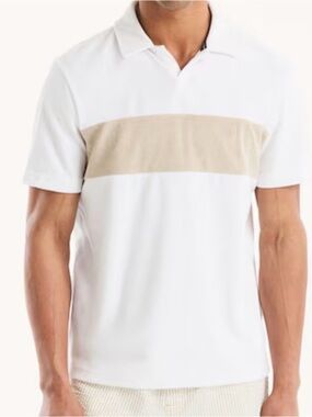 Nautica Men’s Terry Polo Shirt Size L Classic Fit Johnny Collar White Beige